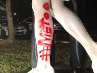 The Unconditional Surrender statue is vandalized with #MeToo in February 2019.