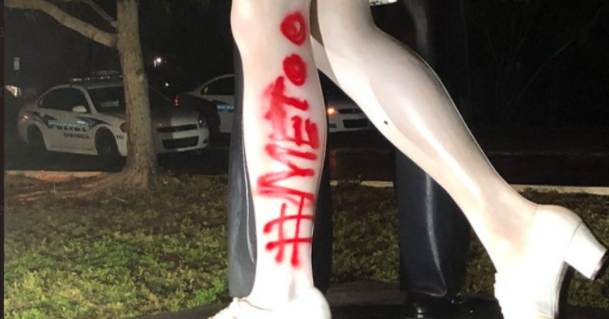The Unconditional Surrender statue is vandalized with #MeToo in February 2019.