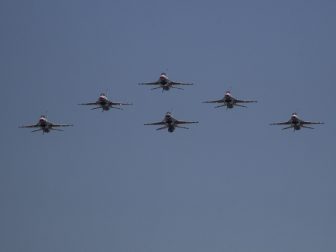 The United States Air Force Air Demonstration Squadron “Thunderbirds” fly over St. Joseph Hospital in Orange, California, May 15, 2020. The flyover is part of the America Strong nationwide salute by the military to honor medical professionals and other essential workers serving on the front line of the COVID-19 pandemic. (U.S. Air National Guard photo by Staff Sgt. Crystal Housman)