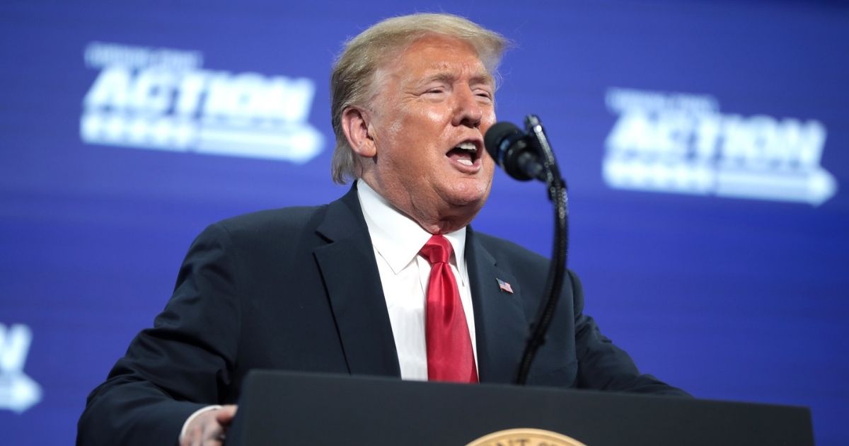 President of the United States Donald Trump speaking with supporters at an "An Address to Young Americans" event hosted by Students for Trump and Turning Point Action at Dream City Church in Phoenix, Arizona.