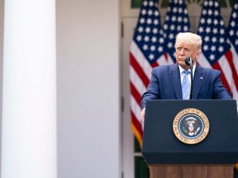 President Donald J. Trump listens as Vice President Mike Pence addresses his remarks during an update on the nation’s COVID-19 Coronavirus testing strategy Monday, Sept. 28, 2020, in the Rose Garden of the White House. (Official White House Photo by Shealah Craighead)