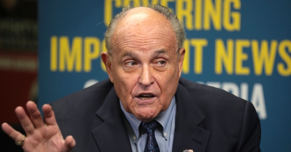 Former Mayor Rudy Giuliani speaking with the media at the 2019 Student Action Summit hosted by Turning Point USA at the Palm Beach County Convention Center in West Palm Beach, Florida.