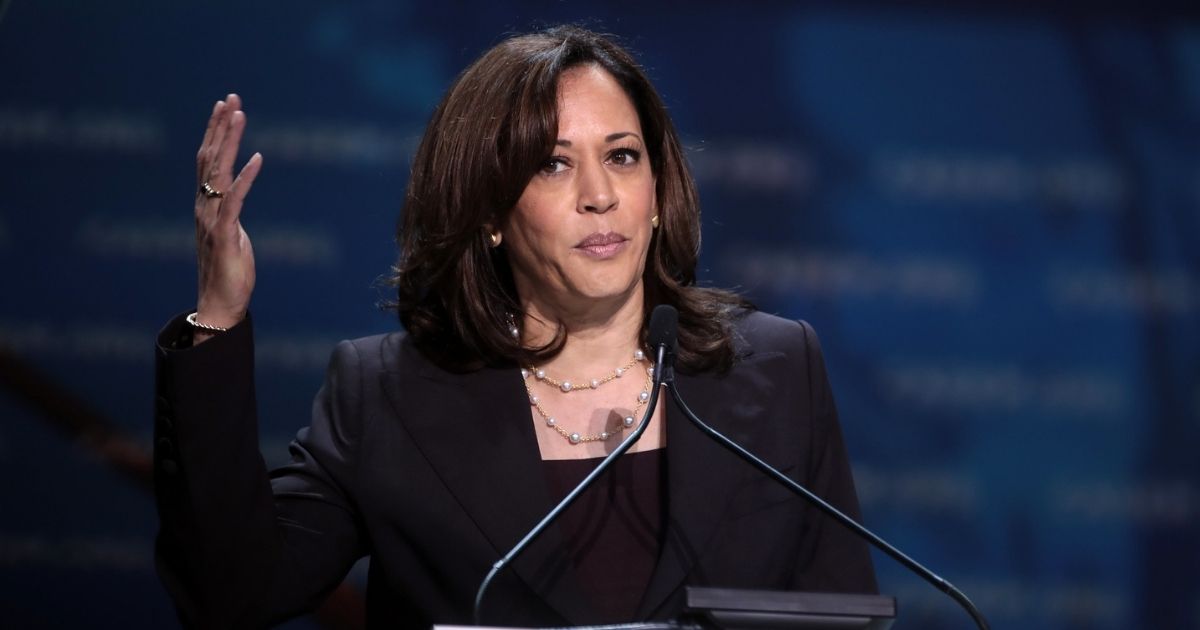 U.S. Senator Kamala Harris speaking with attendees at the 2019 California Democratic Party State Convention at the George R. Moscone Convention Center in San Francisco, California.