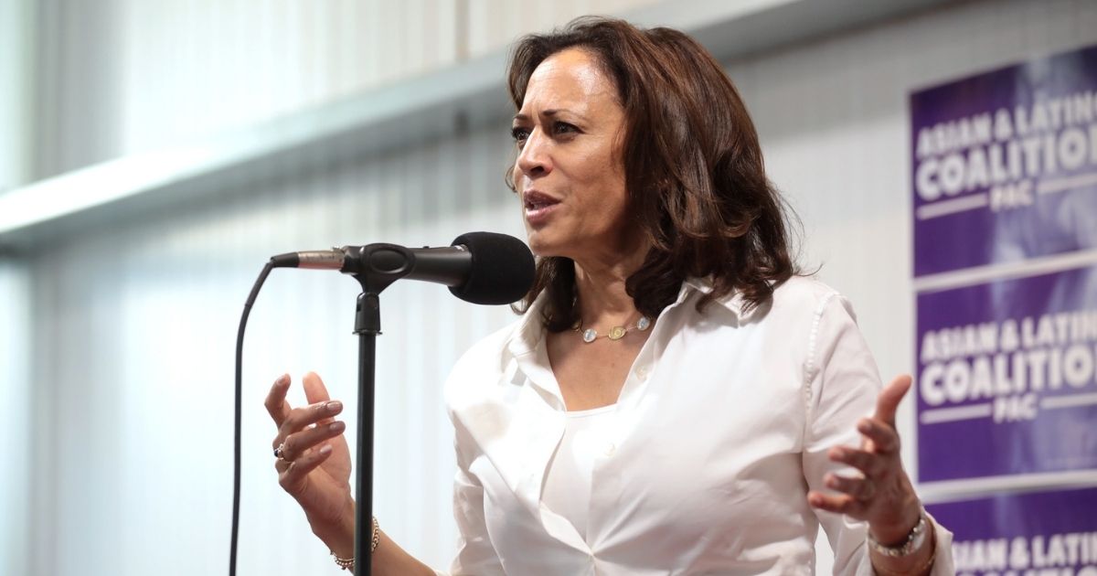 U.S. Senator Kamala Harris speaking with attendees at a fundraiser hosted by the Iowa Asian and Latino Coalition at Jasper Winery in Des Moines, Iowa.