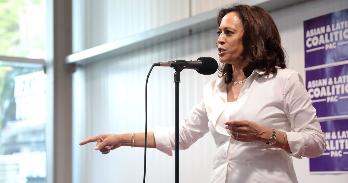 U.S. Senator Kamala Harris speaking with attendees at a fundraiser hosted by the Iowa Asian and Latino Coalition at Jasper Winery in Des Moines, Iowa.