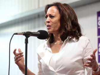 U.S. Senator Kamala Harris speaking with attendees at a fundraiser hosted by the Iowa Asian and Latino Coalition at Jasper Winery in Des Moines, Iowa.