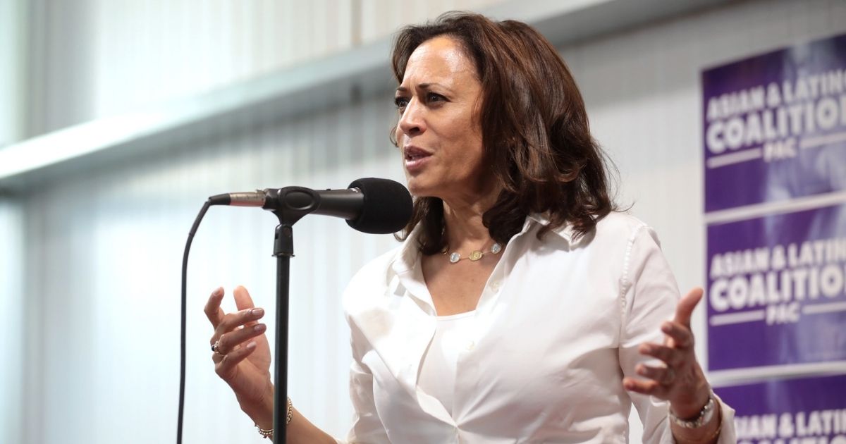 U.S. Senator Kamala Harris speaking with attendees at a fundraiser hosted by the Iowa Asian and Latino Coalition at Jasper Winery in Des Moines, Iowa.