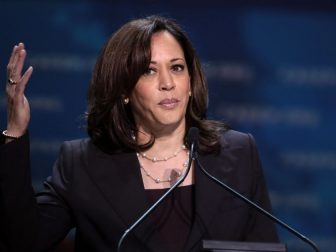 U.S. Senator Kamala Harris speaking with attendees at the 2019 California Democratic Party State Convention at the George R. Moscone Convention Center in San Francisco, California.