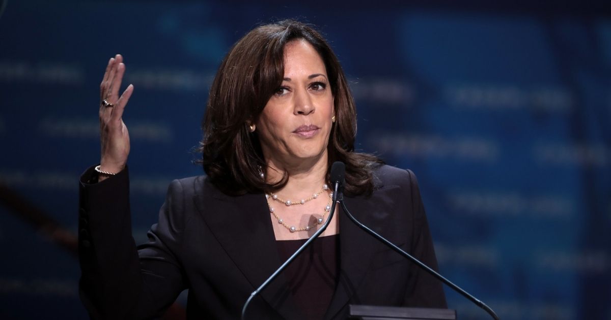 U.S. Senator Kamala Harris speaking with attendees at the 2019 California Democratic Party State Convention at the George R. Moscone Convention Center in San Francisco, California.