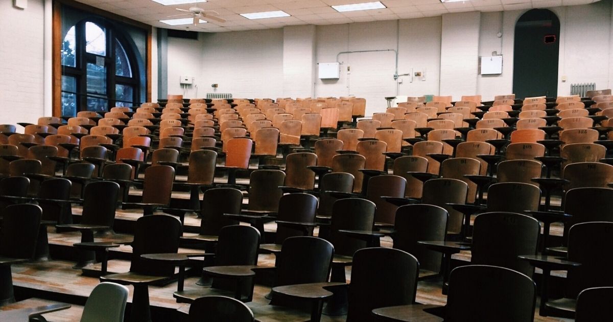 Dimly lit college lecture hall