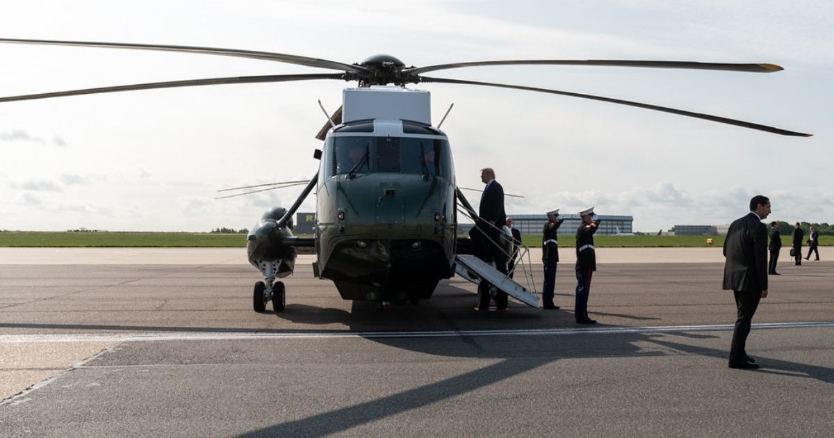 President Donald J. Trump boards Marine One Monday, June 3, 2019, to Stansted Airport in England, for the start of a three-day state visit with to the United Kingdom. (Official White House Photo by Shealah Craighead)