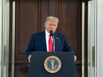 President Donald J. Trump listens to a reporter’s question during a press conference Monday, Sept. 7, 2020, on the North Portico of the White House. (Official White House Photo by Joyce N. Boghosian)