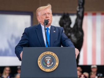 President Donald J. Trump delivers remarks at the 75th Commemoration of D-Day Thursday, June 6, 2019, at the Normandy American Cemetery in Normandy, France. (Official White House Photo by Shealah Craighead)