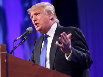 Donald Trump speaking at the Iowa Republican Party's 2015 Lincoln Dinner at the Iowa Events Center in Des Moines, Iowa.