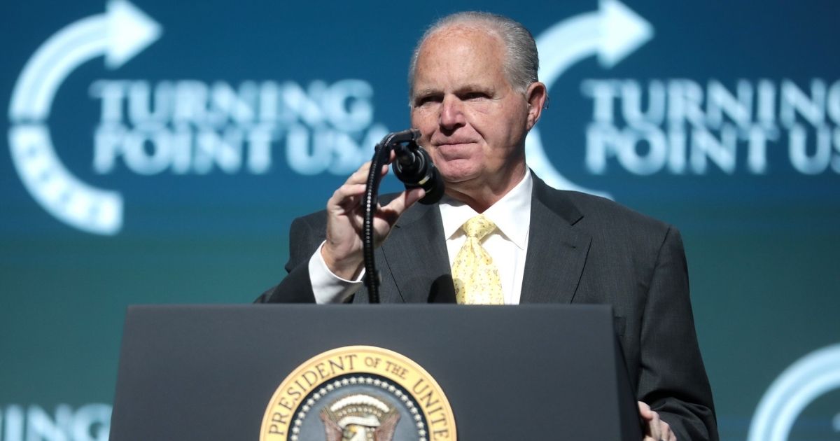 Rush Limbaugh speaking with attendees at the 2019 Student Action Summit hosted by Turning Point USA at the Palm Beach County Convention Center in West Palm Beach, Florida.