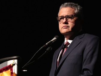 Jeffrey Toobin speaking at the 2017 John J. Rhodes Lecture hosted by Barrett, the Honors College at Arizona State University at the Tempe Center for the Arts in Tempe, Arizona.