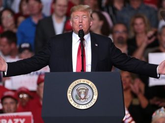 President of the United States Donald Trump speaking with supporters at a Make America Great Again campaign rally at International Air Response Hangar at Phoenix-Mesa Gateway Airport in Mesa, Arizona.