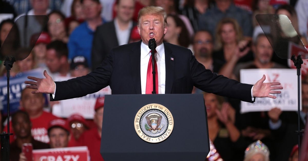 President of the United States Donald Trump speaking with supporters at a Make America Great Again campaign rally at International Air Response Hangar at Phoenix-Mesa Gateway Airport in Mesa, Arizona.