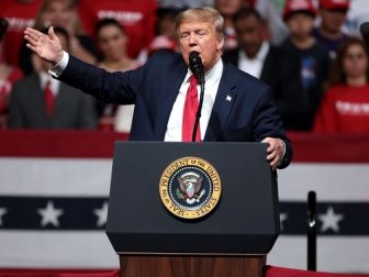 President of the United States Donald Trump speaking with supporters at a "Keep America Great" rally at Arizona Veterans Memorial Coliseum in Phoenix, Arizona.