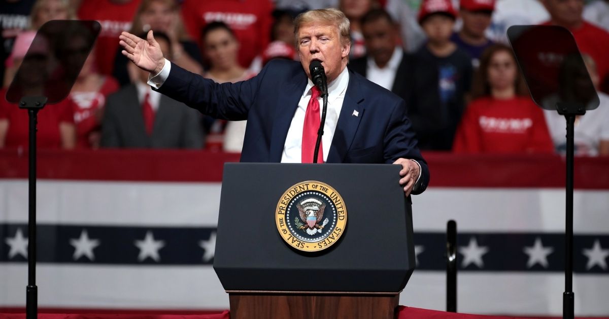 President of the United States Donald Trump speaking with supporters at a "Keep America Great" rally at Arizona Veterans Memorial Coliseum in Phoenix, Arizona.