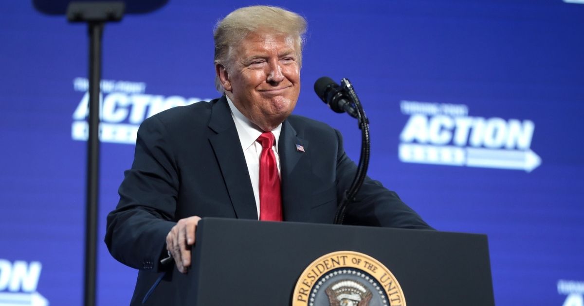 President of the United States Donald Trump speaking with supporters at an "An Address to Young Americans" event hosted by Students for Trump and Turning Point Action at Dream City Church in Phoenix, Arizona.