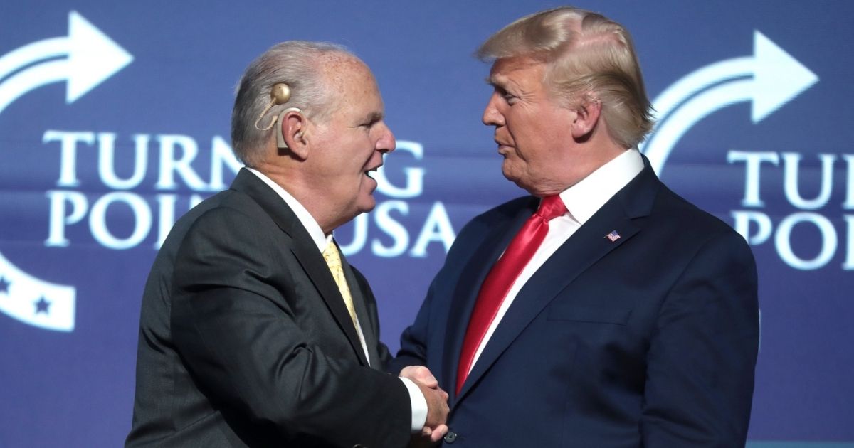 Rush Limbaugh and President of the United States Donald Trump speaking at the 2019 Student Action Summit hosted by Turning Point USA at the Palm Beach County Convention Center in West Palm Beach, Florida.