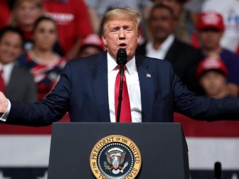 President of the United States Donald Trump speaking with supporters at a "Keep America Great" rally at Arizona Veterans Memorial Coliseum in Phoenix, Arizona.