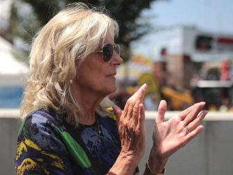 Former Second Lady of the United States Jill Biden at the Des Moines Register's Political Soapbox at the 2019 Iowa State Fair in Des Moines, Iowa.