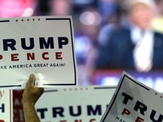 Donald Trump sign at a campaign rally at the Prescott Valley Event Center in Prescott Valley, Arizona.