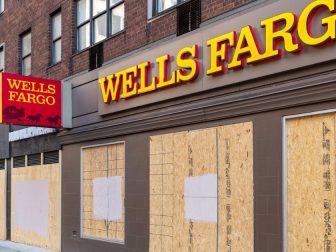 Boarded up Wells Fargo bank