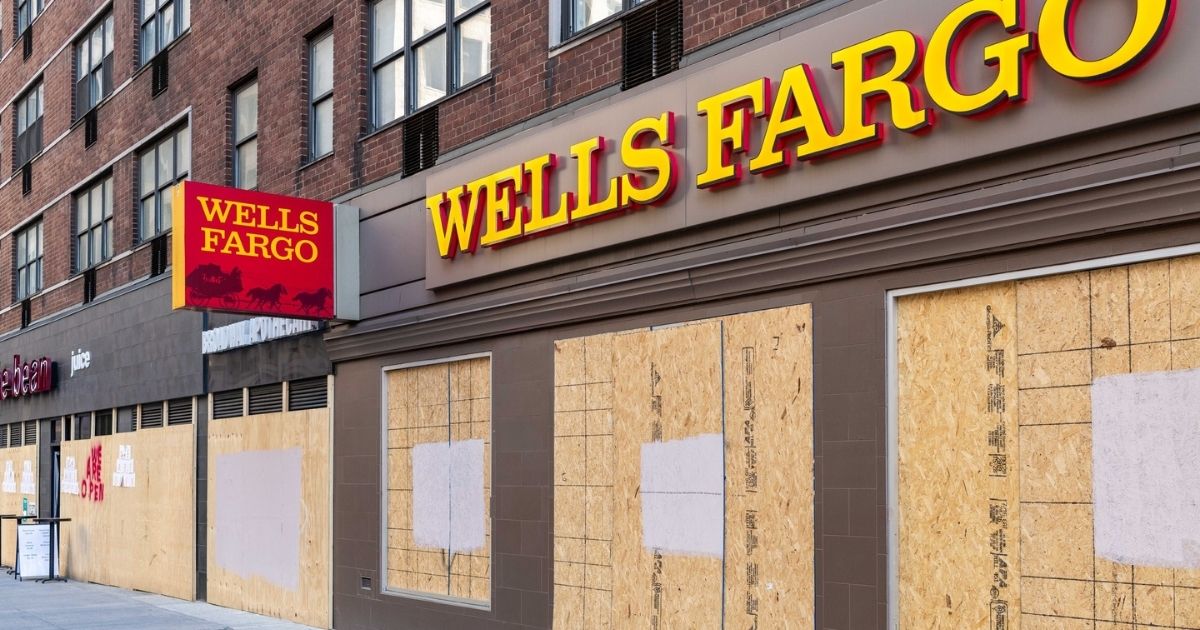 Boarded up Wells Fargo bank