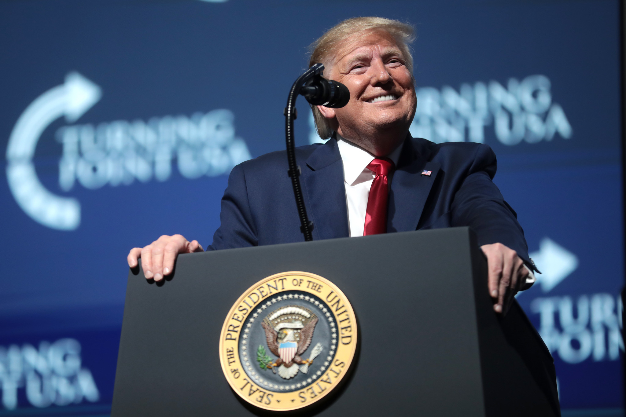 President of the United States Donald Trump speaking with attendees at the 2019 Student Action Summit hosted by Turning Point USA at the Palm Beach County Convention Center in West Palm Beach, Florida.