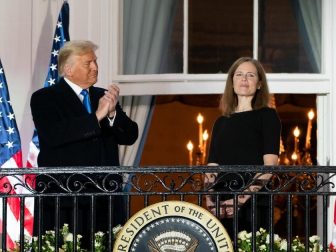 President Donald J. Trump and U.S. Supreme Court Associate Justice Amy Coney Barrett stand together on the Blue Room balcony Monday, Oct. 26, 2020, following Justice Barrett’s swearing-in ceremony on the South Lawn of the White House.