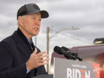 Joe BIden speaks at a rally outside his campaign office in Council Bluffs, Iowa.