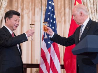 With U.S. Secretary of State John Kerry looking on, U.S. Vice President Joe Biden raises his glass to toast Chinese President Xi Jinping at a State Luncheon in the Chinese President's honor at the U.S. Department of State in Washington, D.C., on September 25, 2015. [State Department photo/ Public Domain]