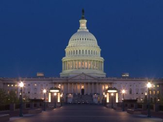 The East Front of the U.S. Capitol Building at night.