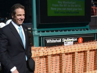 Governor Andrew Cuomo at Whitehall St. Station where removable subway stairs flood control covers are inspected as he, MTA Chairman & CEO Thomas Prendergast, along with Housing & Urban Development Secretary Shaun Donovangive resiliency tour on the first anniversary of Superstorm Sandy.