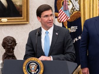 President Donald J. Trump watches as new Secretary of Defense Mark Esper delivers remarks Tuesday, July 23, 2019, in the Oval Office of the White House. (Official White House Photo by Shealah Craighead)