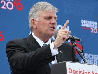 Rev. Franklin Graham speaks to attendees at a stop in Lincoln, Neb. during his Decision America tour in 2016.