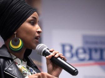 U.S. Congresswoman Ilhan Omar speaking with supporters of U.S. Senator Bernie Sanders at a town hall hosted by Frontline Communities of Nevada at the SEIU Nevada office in Las Vegas, Nevada.