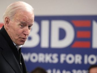 Former Vice President of the United States Joe Biden speaking with supporters at a phone bank at his presidential campaign office in Des Moines, Iowa.