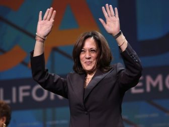 U.S. Congresswoman Barbara Lee and U.S. Senator Kamala Harris speaking with attendees at the 2019 California Democratic Party State Convention at the George R. Moscone Convention Center in San Francisco, California.