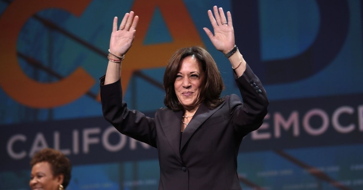 U.S. Congresswoman Barbara Lee and U.S. Senator Kamala Harris speaking with attendees at the 2019 California Democratic Party State Convention at the George R. Moscone Convention Center in San Francisco, California.