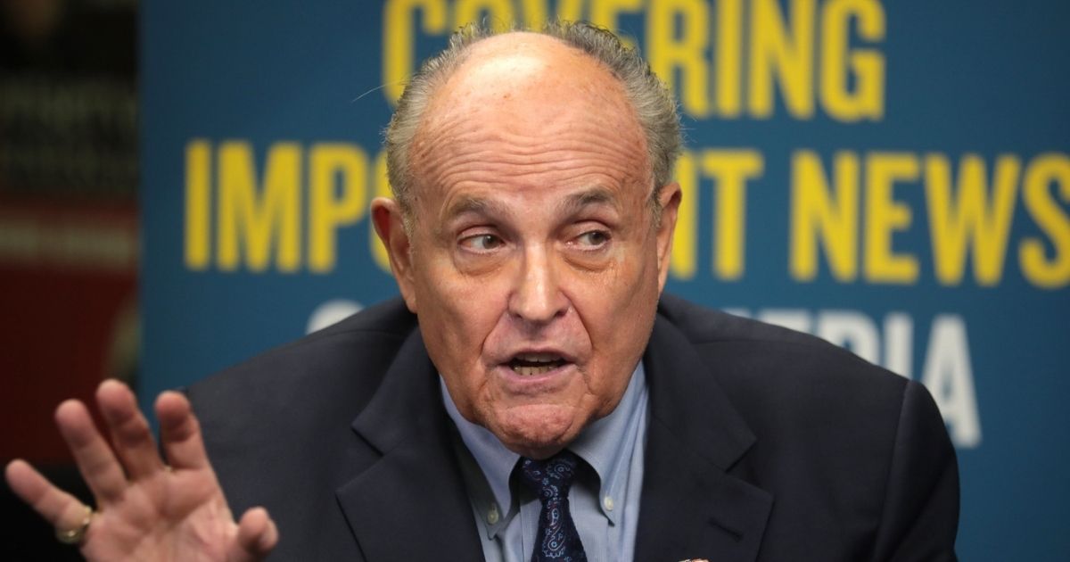 Former Mayor Rudy Giuliani speaking with the media at the 2019 Student Action Summit hosted by Turning Point USA at the Palm Beach County Convention Center in West Palm Beach, Florida.