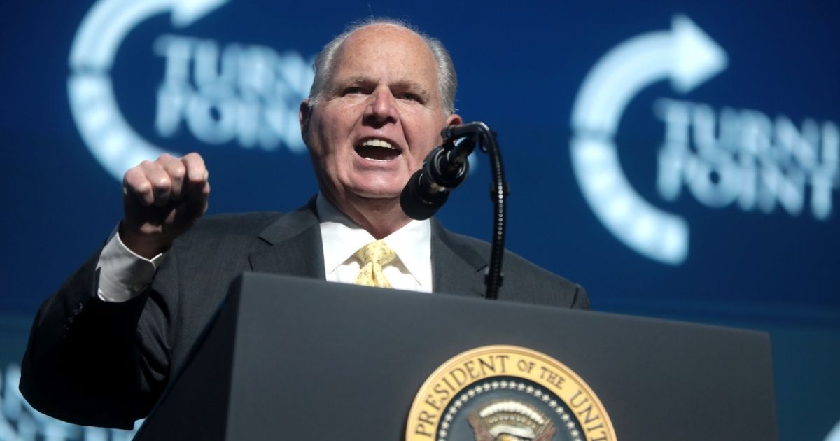 Rush Limbaugh speaking with attendees at the 2019 Student Action Summit hosted by Turning Point USA at the Palm Beach County Convention Center in West Palm Beach, Florida.