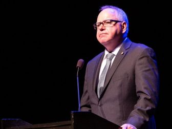 Governor Tim Walz addresses the audience at the Fitzgerald Theater after being sworn in as Minnesota's 41st governor, St Paul MN