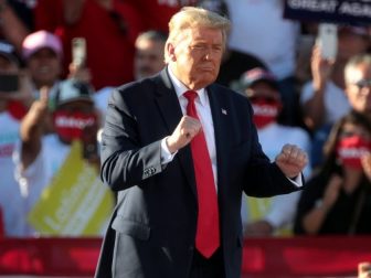 President of the United States Donald Trump dancing at the conclusion of a "Make America Great Again" campaign rally at Phoenix Goodyear Airport in Goodyear, Arizona.