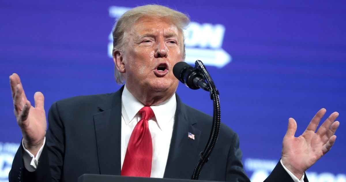 President of the United States Donald Trump speaking with supporters at an "An Address to Young Americans" event hosted by Students for Trump and Turning Point Action at Dream City Church in Phoenix, Arizona.