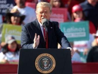 President of the United States Donald Trump speaking with supporters at a "Make America Great Again" campaign rally at Phoenix Goodyear Airport in Goodyear, Arizona.