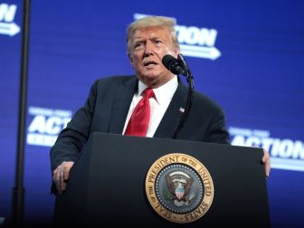 President of the United States Donald Trump speaking with supporters at an "An Address to Young Americans" event hosted by Students for Trump and Turning Point Action at Dream City Church in Phoenix, Arizona.